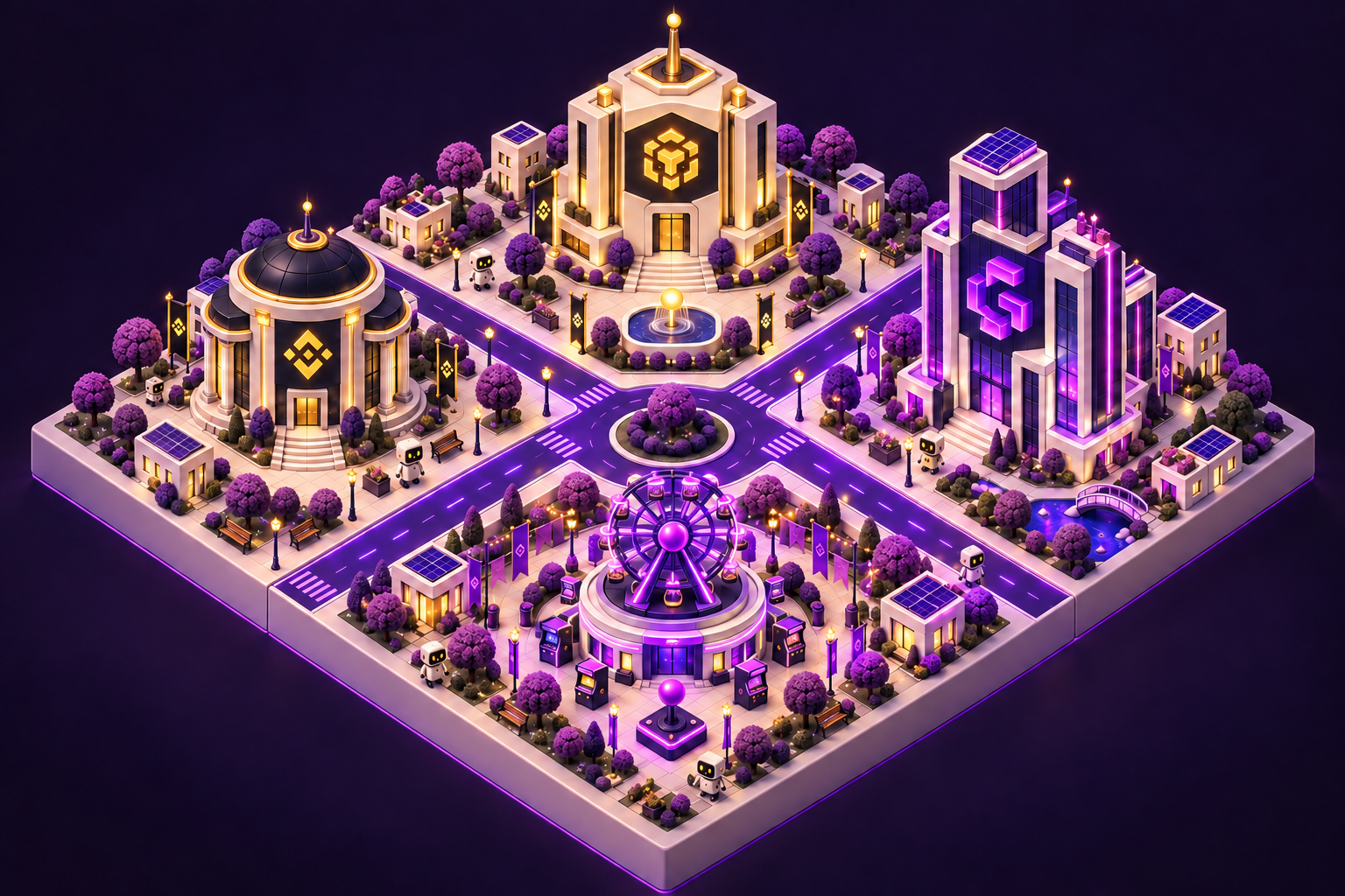Detailed three-dimensional purple and gold city: BSC headquarters, Binance exchange, Genius tower and entertainment district